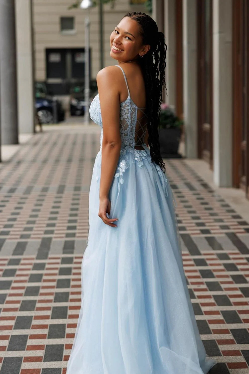 A-Line Long Corset Blue Prom Dress 2025 Lace Tulle Spaghetti Straps