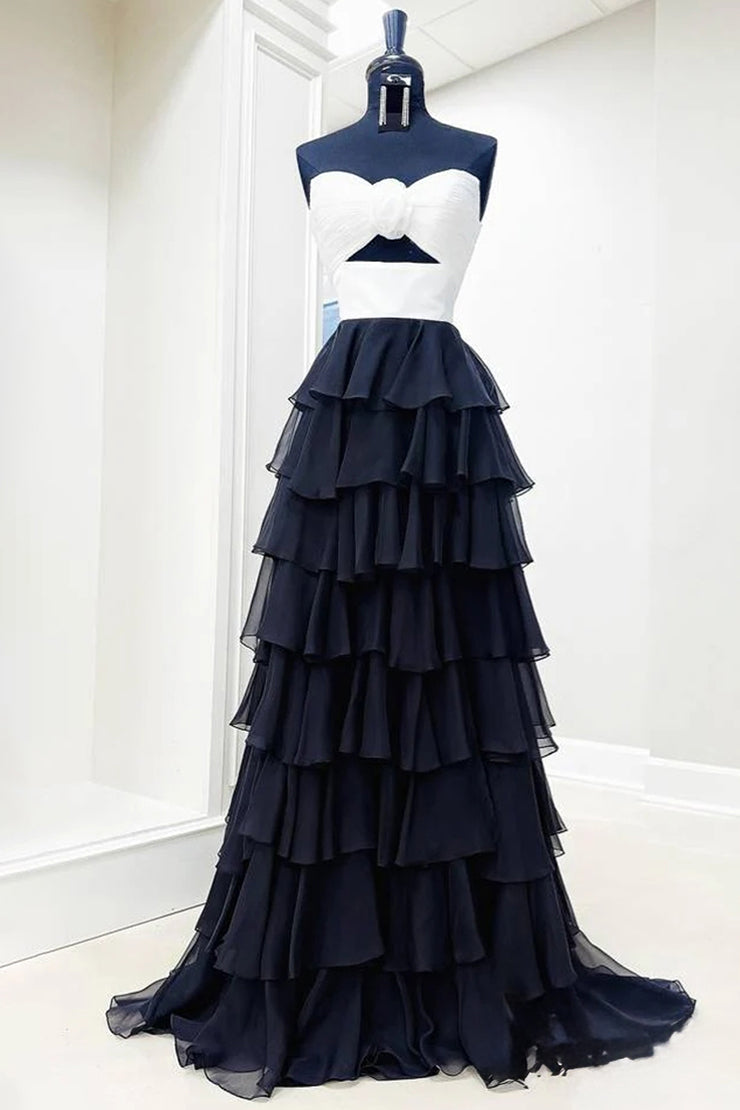 A-Line Strapless Tiered Green Formal Dress V-Neck Layered Prom Gown Chiffon