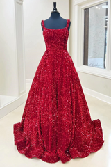 A-line Burgundy Velvet Sequins Prom Dress with Pockets Sweep Train MyChicDress