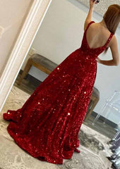 A-line Burgundy Velvet Sequins Prom Dress with Pockets Sweep Train MyChicDress