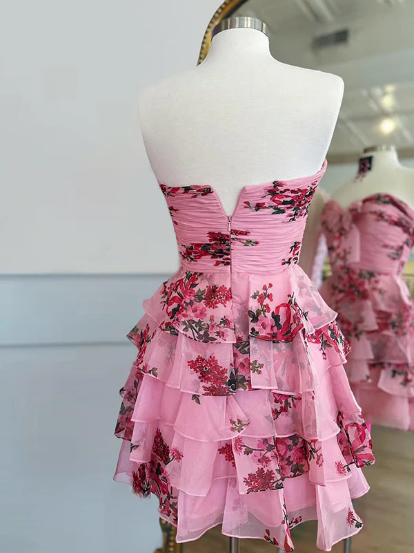 A-line Pink  Floral Homecoming Dress chiffon with Bow