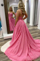 A-line Pink Lace Evening Dresses Appliques V Neck Prom Dress 2024 MyChicDress