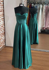 A-line Silk like Emerald Green Satin Prom Dresses 2024 Ruched Pleated MyChicDress