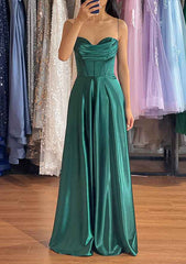 A-line Silk like Emerald Green Satin Prom Dresses 2024 Ruched Pleated MyChicDress