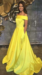 A-line Yellow Evening Dresses UK Simple Off-the-shoulder Long Prom Dresses MyChicDress