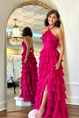 A-line Halter Fuchsia Ruffle Prom Dress Tiered Formal Dress - MyChicDress