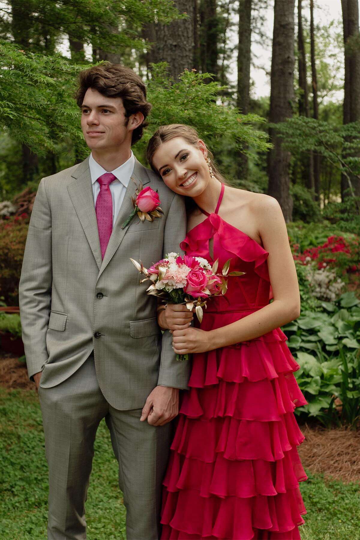 A-line Halter Fuchsia Ruffle Prom Dress Tiered Formal Dress - MyChicDress