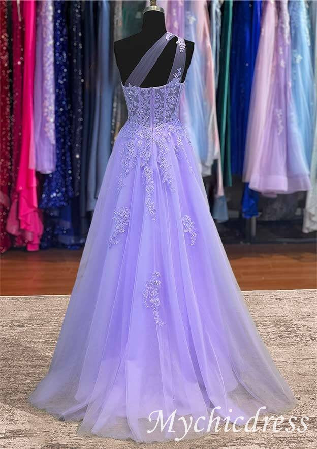 A-line 2025 Lavender Long Prom Dresses One Shoulder Lace Formal Gown - MyChicDress