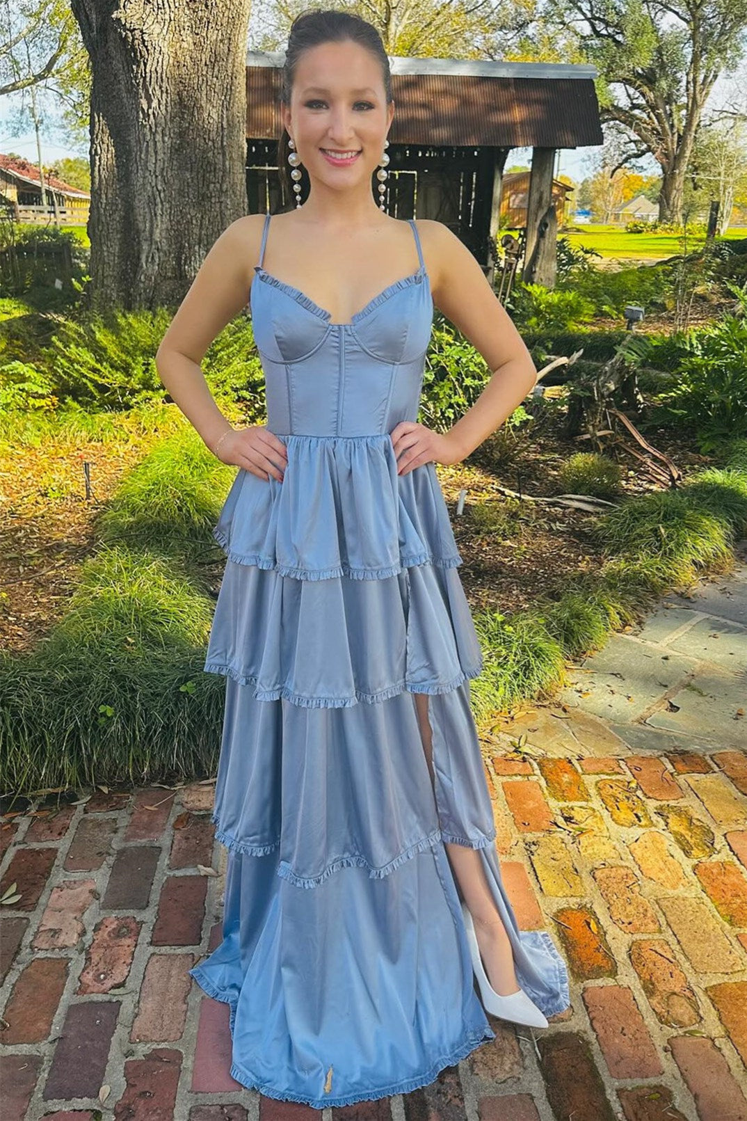  A-line Long Blue Tiered Prom Dress Straps V-neck with Slit Mychicdress