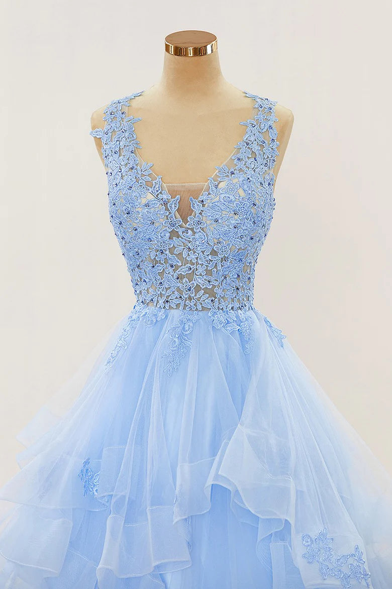 A-line Long Layers Lace Prom Dresses Light Blue Beaded Appliques - MyChicDress