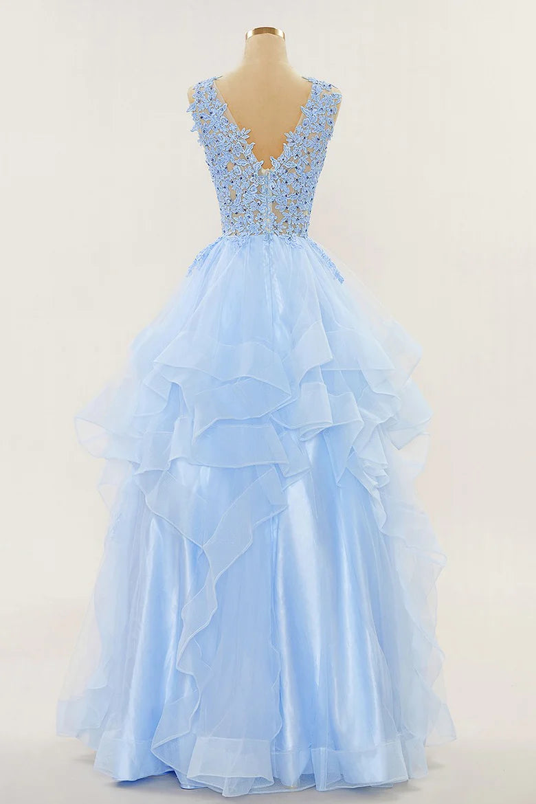 A-line Long Layers Lace Prom Dresses Light Blue Beaded Appliques - MyChicDress