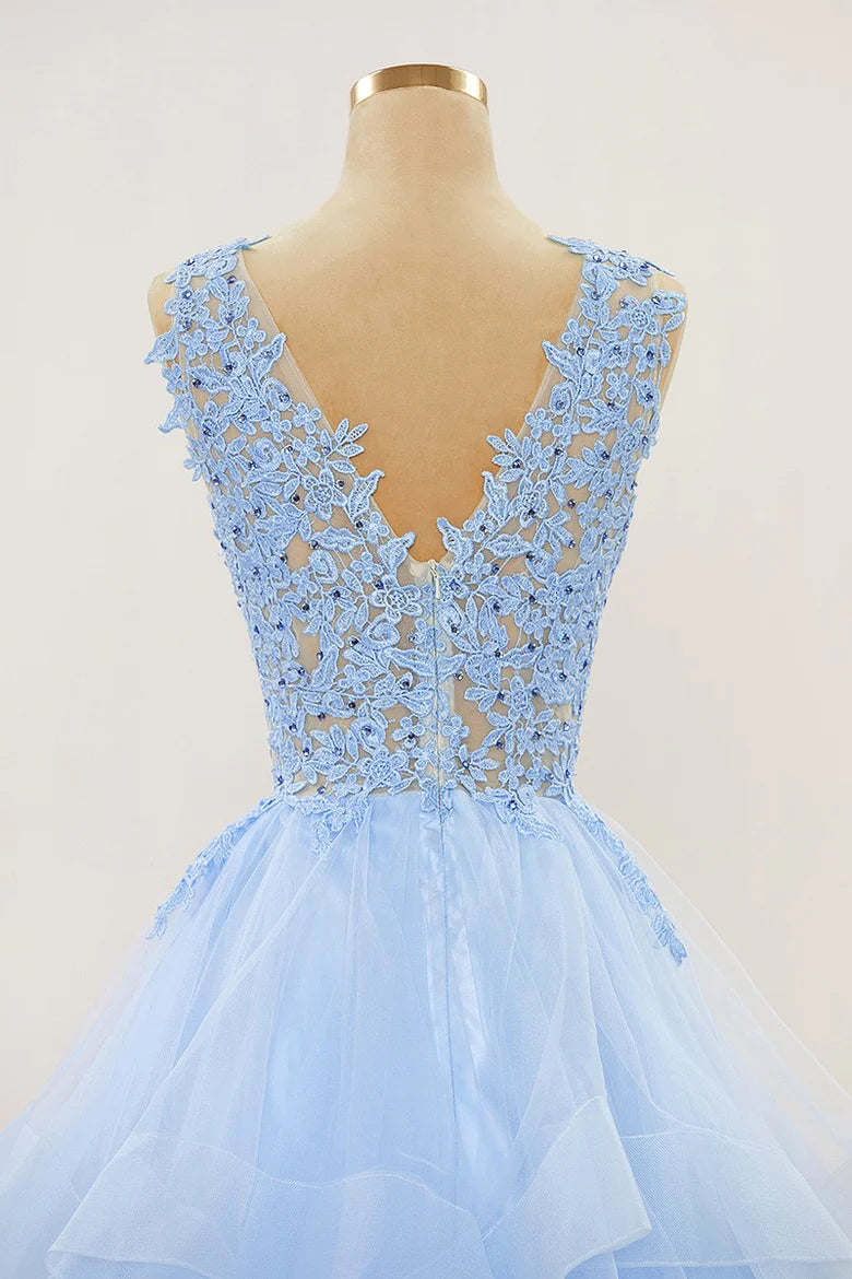 A-line Long Layers Lace Prom Dresses Light Blue Beaded Appliques - MyChicDress