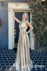 A-line Long Metallic Prom Dress Pleated Formal Gowns