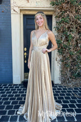 A-line Long Metallic Prom Dress Pleated Formal Gowns