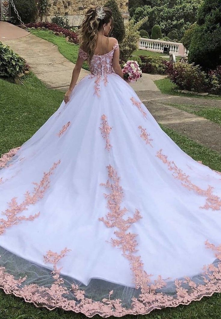 A-line Princess White Wedding Dresses Blush Lace Off the Shoulder - MyChicDress