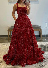 A-line Burgundy Velvet Sequins Prom Dress with Pockets Sweep Train