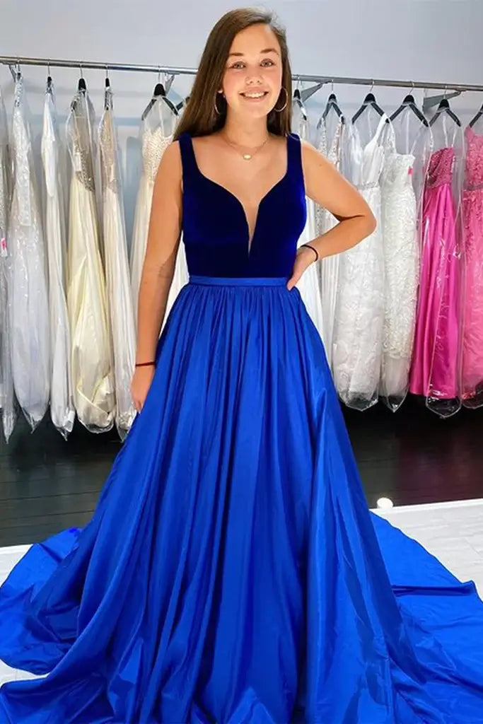 A-line Royal Blue Satin Velvet Prom Dresses V-neck Sweep Train With Pockets