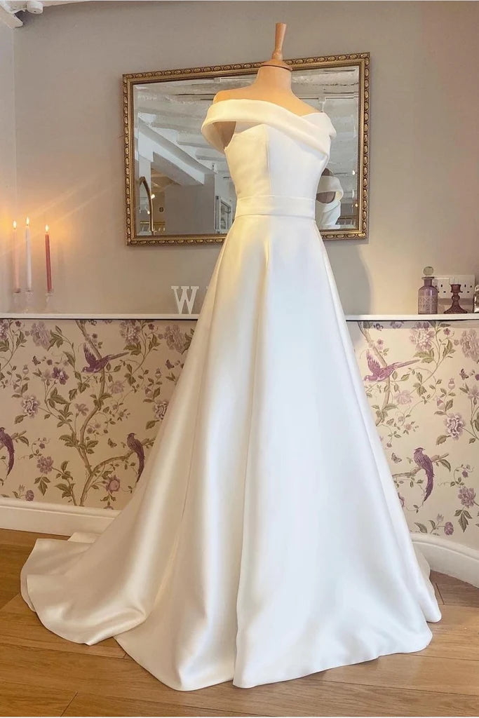 A-line Soft Satin Minimalist White Wedding Dress Off the Shoulder