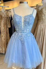 A-line Short Blue 2024 Homecoming Dresses Straps Lace Princess Graduation Dress