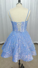 A-line Short 2024 Blue Sequin Homecoming Dress Sweetheart