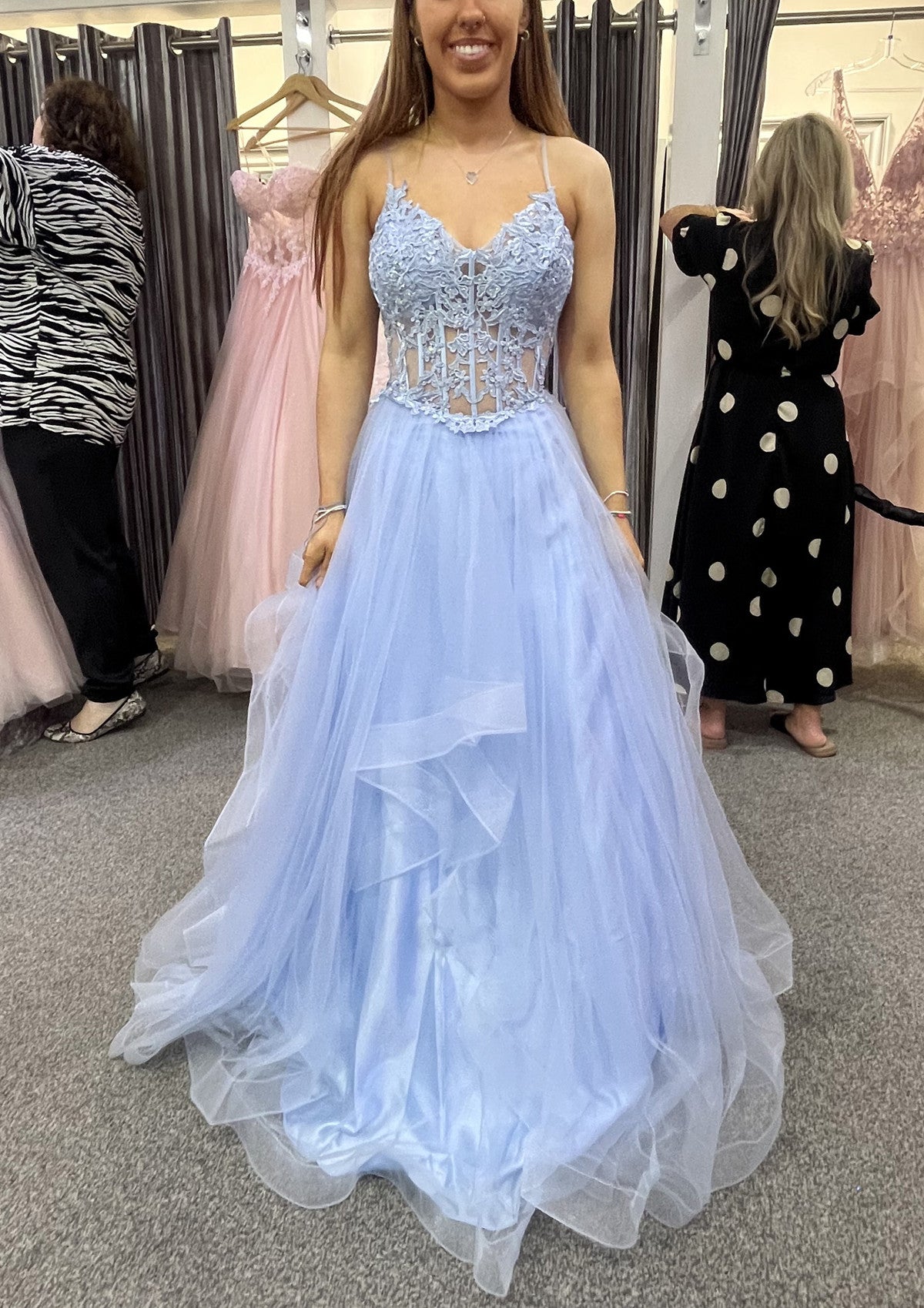 A-line Tiered Formal Dresses Blue Lace V Neck Prom Dress Appliqued - MyChicDress