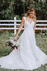 A-line White Forest Wedding Dress Lace Tulle V-neck