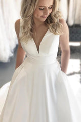 A-line White Satin Wedding Dress Minimalist V-Neck Backless with Pockets