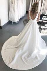 A-line White Satin Wedding Dress Minimalist V-Neck Backless with Pockets