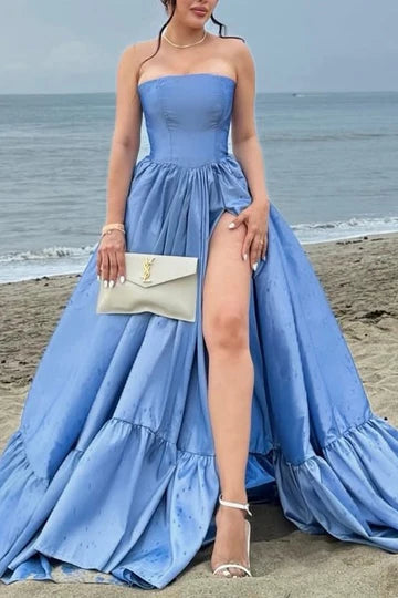 A-line Ruched Formal Dress Pink Strapless Long Party Gown Slit