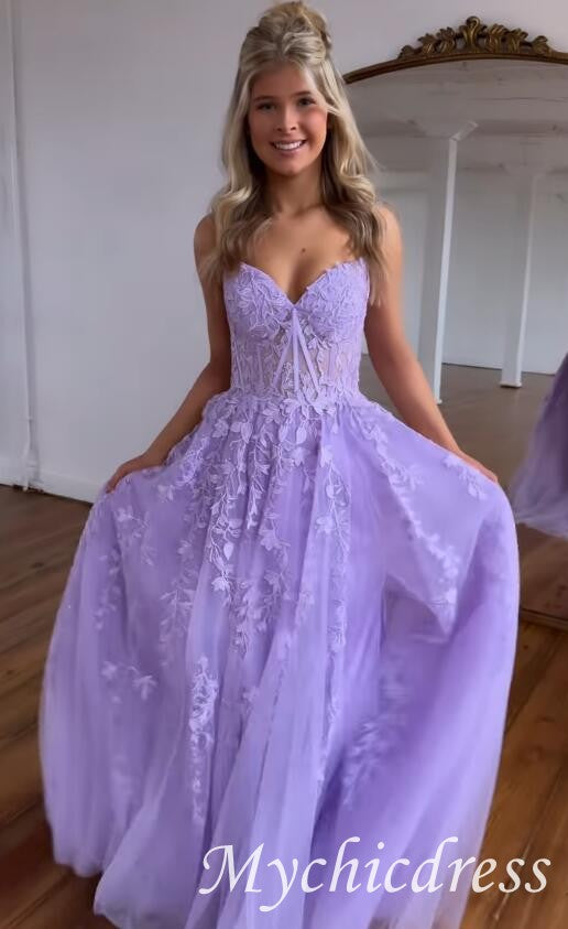 A Line 2025 Lace Violet purple Prom Dresses Lilac Long Formal Dress - MyChicDress
