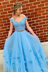 Light Blue 2 Piece Prom Dresses Off the Shoulder Flower Long Evening Gowns