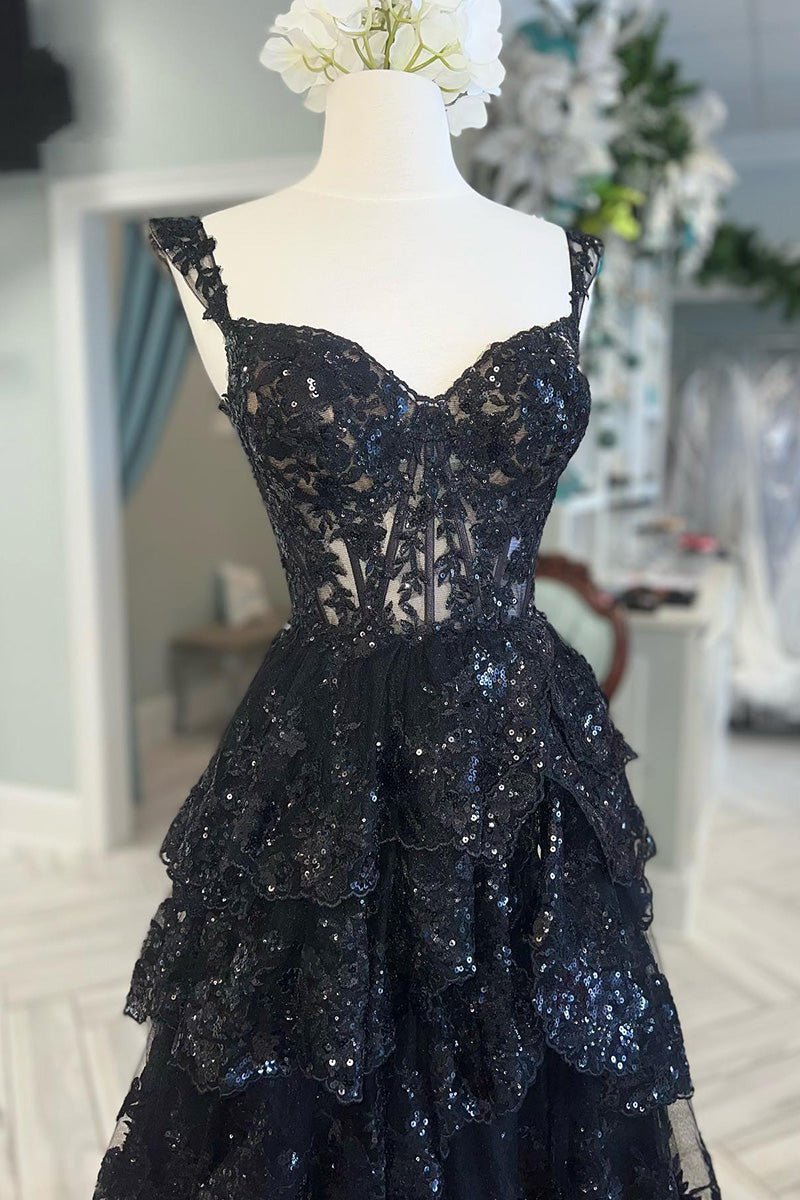 A Line Black Lace Prom Dresses Tiered Sequins Off the shoulder - MyChicDress