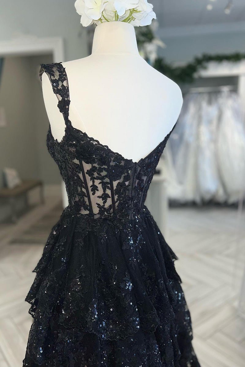 A Line Black Lace Prom Dresses Tiered Sequins Off the shoulder - MyChicDress