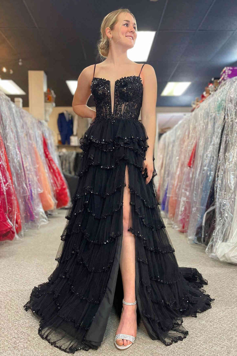 A Line Black Long Tiered Prom Dresses Sequined Layered Straps - MyChicDress