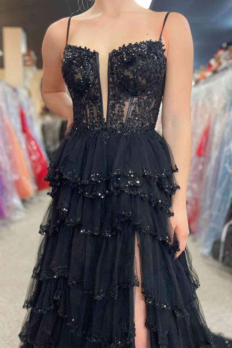 A Line Black Long Tiered Prom Dresses Sequined Layered Straps - MyChicDress