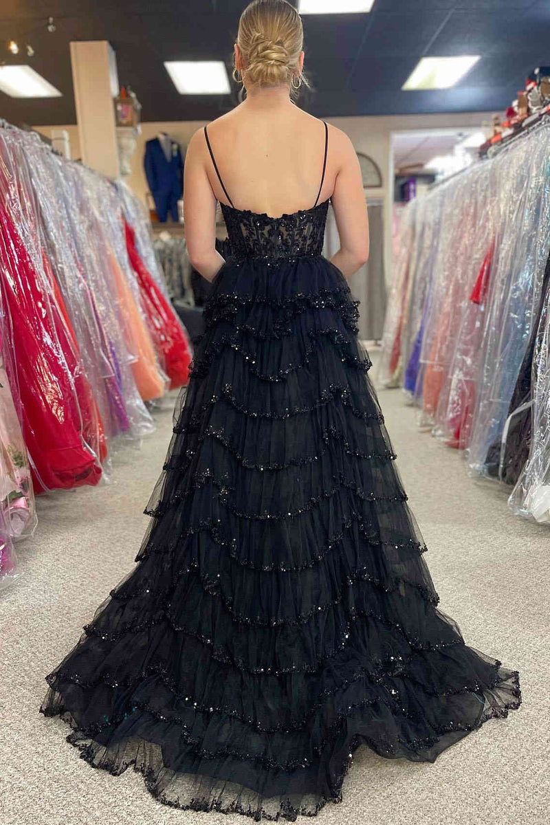 A Line Black Long Tiered Prom Dresses Sequined Layered Straps - MyChicDress