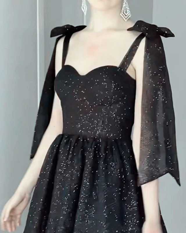 A Line Black Sparkly Midi Homecoming Dress Tulle Bow Straps - MyChicDress