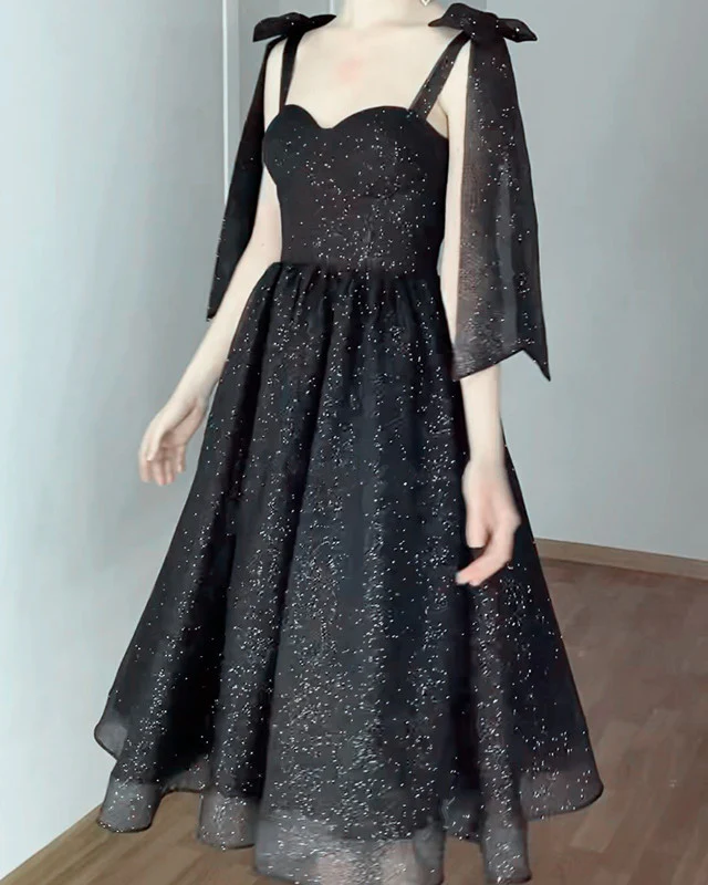 A Line Black Sparkly Midi Homecoming Dress Tulle Bow Straps - MyChicDress