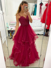 A Line Burgundy Lace Prom Dresses 2025 V Neck Tulle Formal Gown