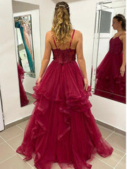 A Line Burgundy Lace Prom Dresses 2025 V Neck Tulle Formal Gown