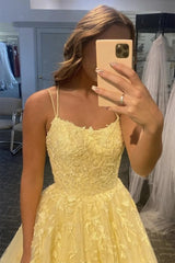 A Line Floor Length Lace Yellow Prom Dresses Spaghetti Straps