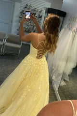 A Line Floor Length Lace Yellow Prom Dresses Spaghetti Straps