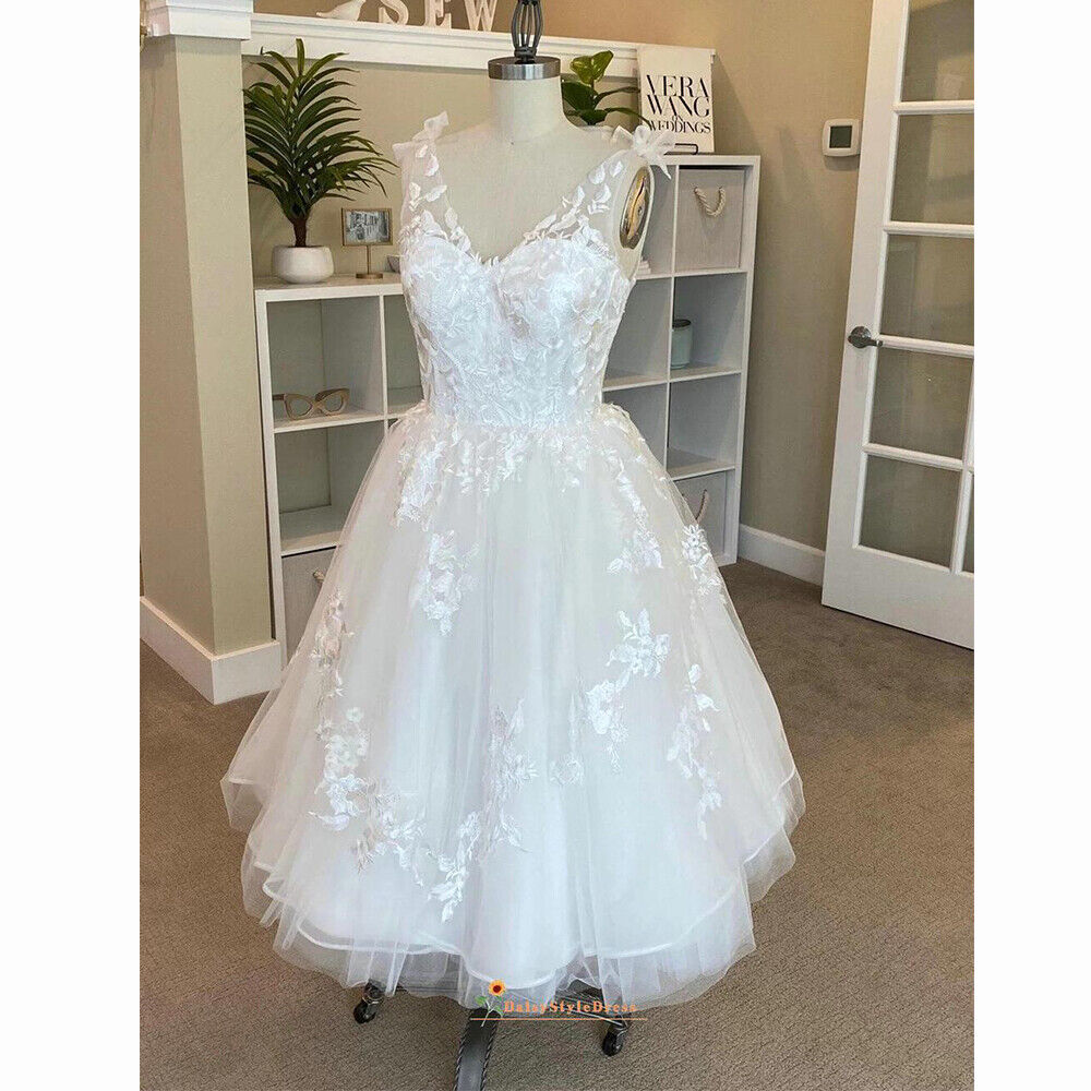 A Line Lace Appliques Short Wedding Dresses V Neck Backless - MyChicDress