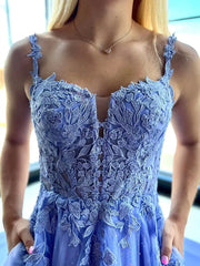 A Line 2025 Lace Blue Long Prom Dresses Straps with Pockets - MyChicDress