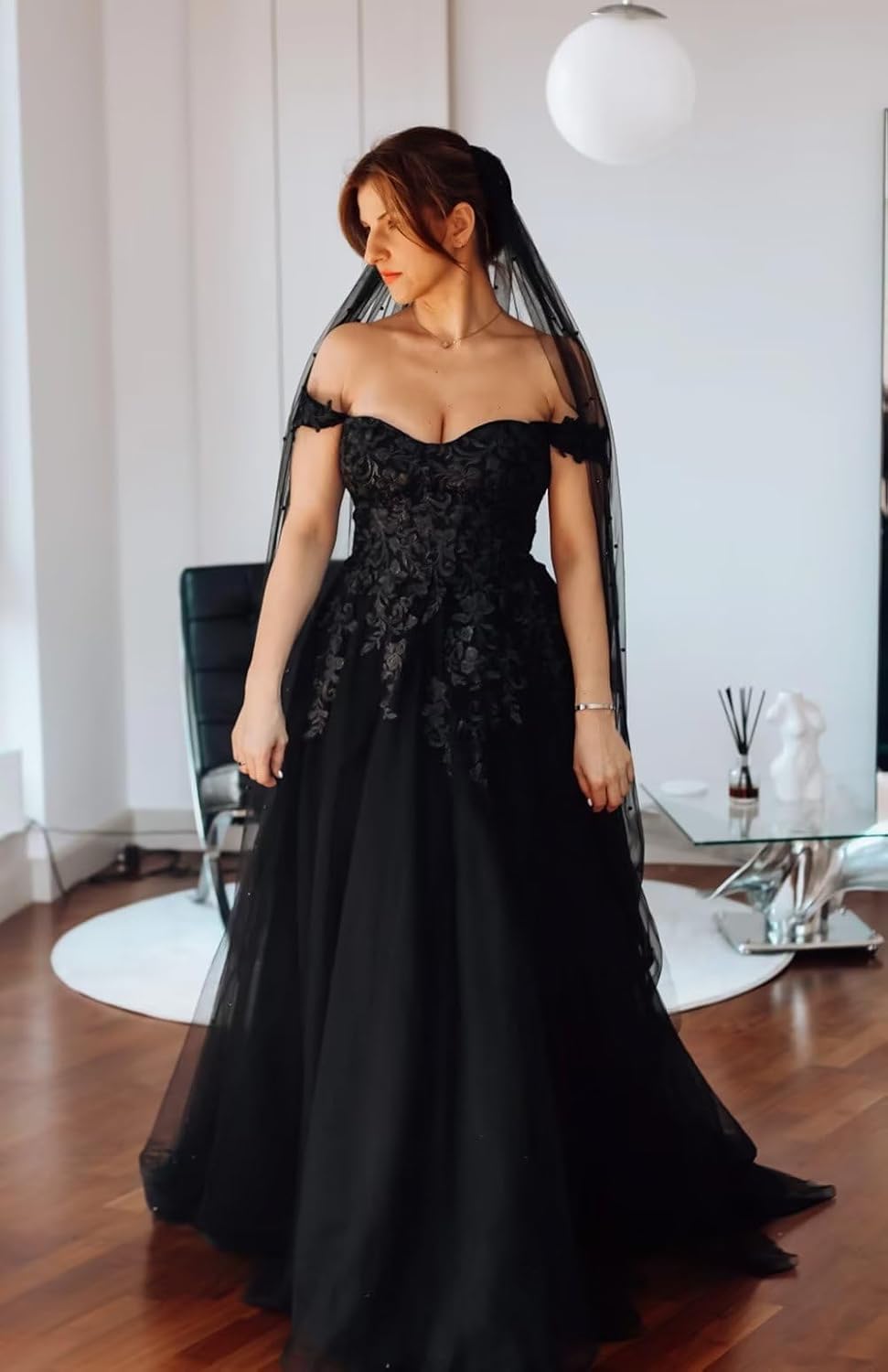 A Line Lace Gothic Black Wedding Dresses for Bride