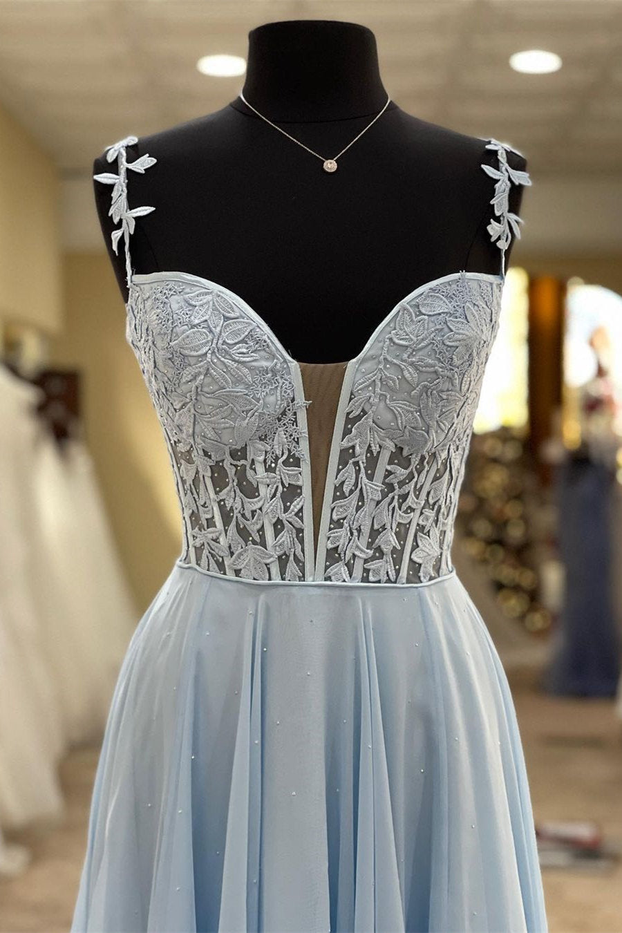 A Line Lace Long Formal Dresses Blue Prom Dress Bodice Beaded - MyChicDress