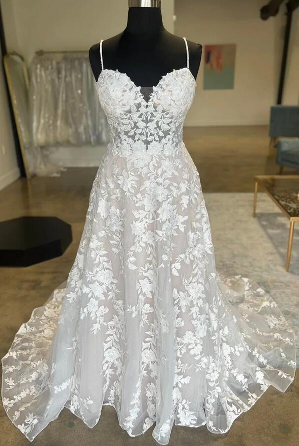 A Line Lace Wedding Dresses Beach Maxi Dress Straps Appliques