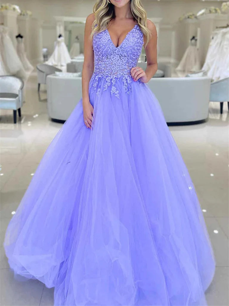 A Line Lavender Lace Prom Dresses V Neck Long Formal Evening Dress - MyChicDress