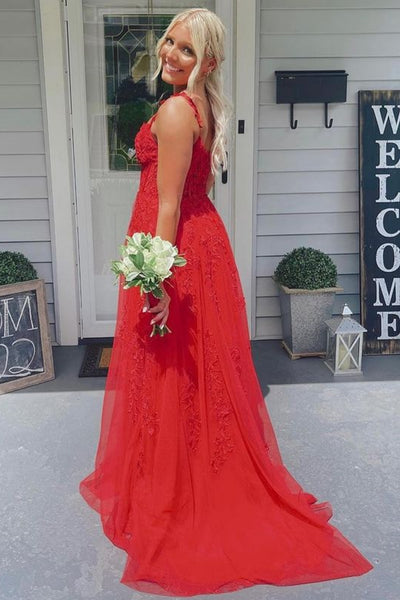 A Line Long Red Lace Graduation Dresses V Neck Split - MyChicDress