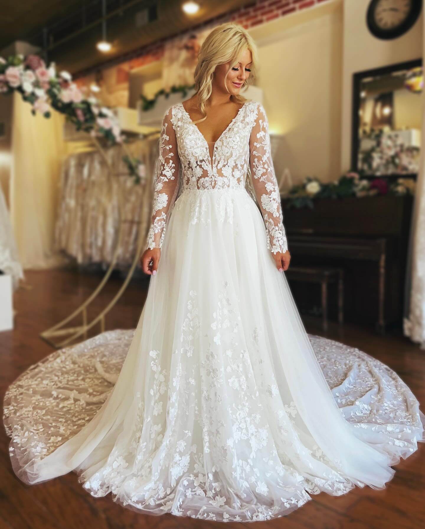 A Line Long Sleeves Lace Floral Wedding Dresses with Button - MyChicDress